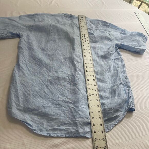 J. Peterman Ancient Roads Blue 100% Linen Embroidered Short Sleeve Shirt Small - Picture 7 of 7